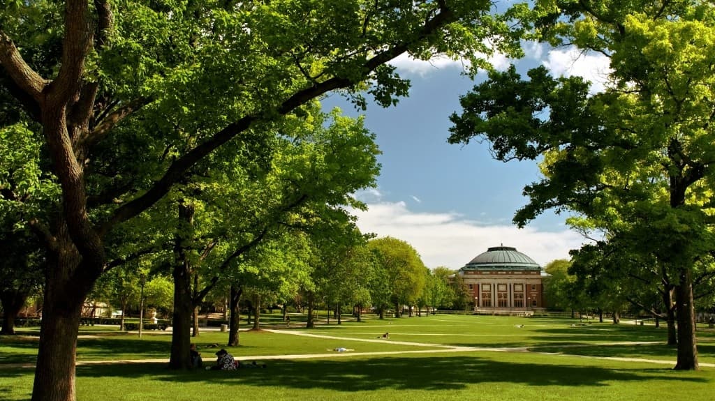 Foellinger Auditorium viewed across the Main Quad